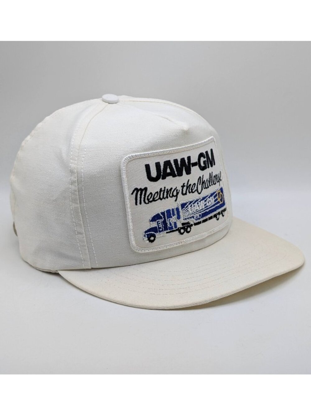 Vintage UAW-GM Meeting Challenge Leather Strapback Hat Trucker Patch USA Made